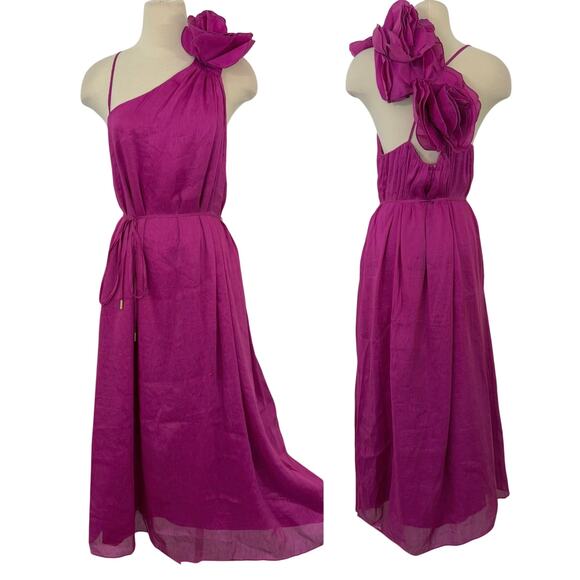AJE Quintessa Flower Midi Dress in Deep Magenta Linen Silk Blend US 12 NWT  - threedaughtersproperties.com